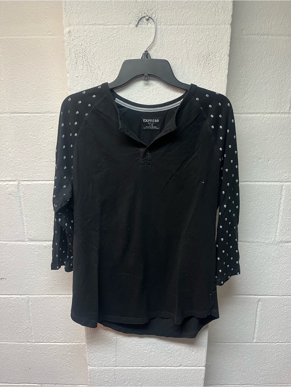 Express Black Henley with Skull Raglan Sleeves